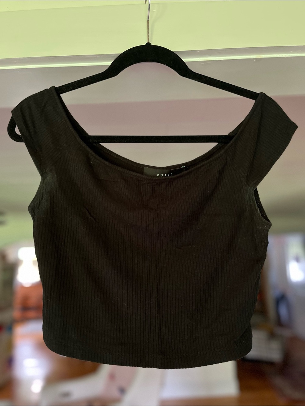 DSTLD Black Ribbed Wide Neck Women's Crop Top